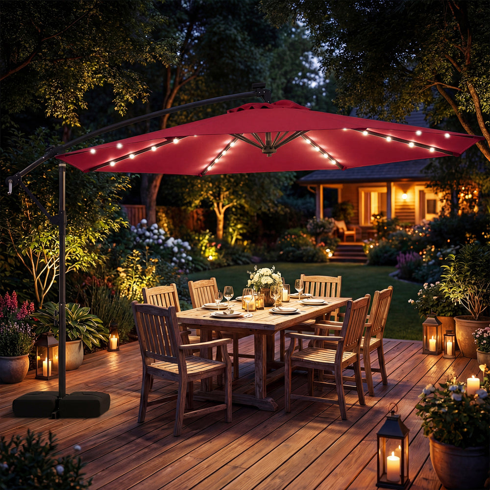 10 FT Solar LED Offset Cantilever Patio Umbrella Hanging Outdoor Market Umbrella-Red - Gallery View 1 of 10