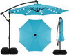 Turquoise 10 ft solar LED offset patio umbrella with double-tier canopy and weighted base for outdoor gatherings.
