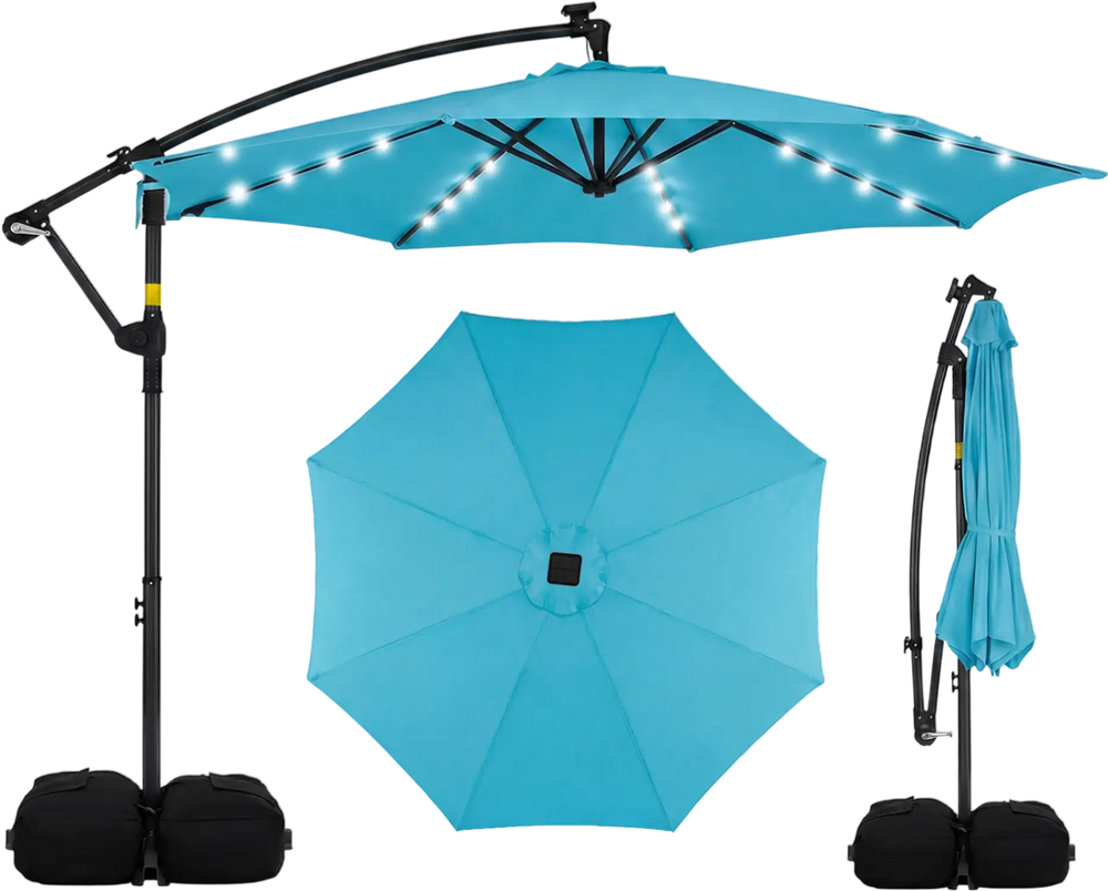 Turquoise 10 ft solar LED offset patio umbrella with double-tier canopy and weighted base for outdoor gatherings.