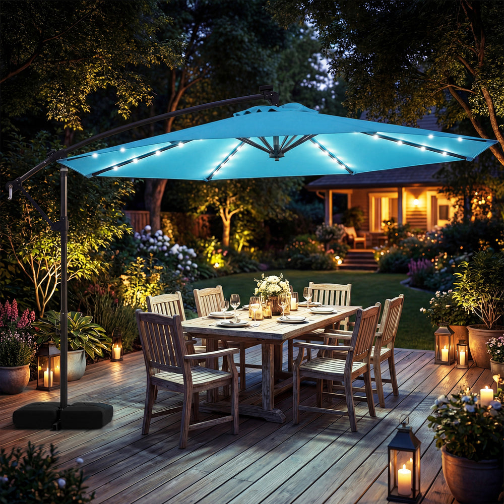 10 FT Solar LED Offset Cantilever Patio Umbrella Hanging Outdoor Market Umbrella-Turquoise - Gallery View 1 of 10