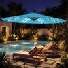 Turquoise 10 ft solar LED offset patio umbrella with a double-tier canopy, providing shade by the poolside.