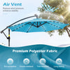 Turquoise 10 ft solar LED offset patio umbrella with air vent, premium polyester fabric, for outdoor gatherings.