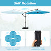 Turquoise 10 ft solar LED offset patio umbrella with 360° rotation, perfect for outdoor gatherings and shade.