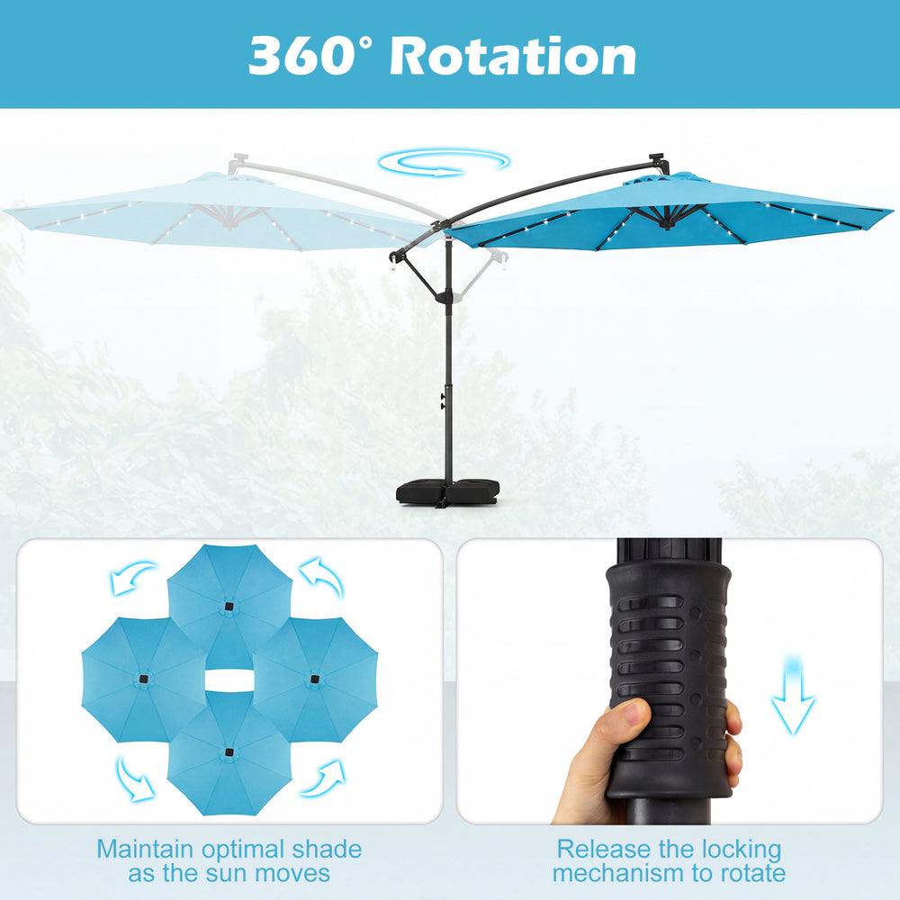 Turquoise 10 ft solar LED offset patio umbrella with 360° rotation, perfect for outdoor gatherings and shade.
