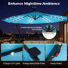 10 FT turquoise solar LED offset patio umbrella with built-in solar panel, providing spacious shade for outdoor.