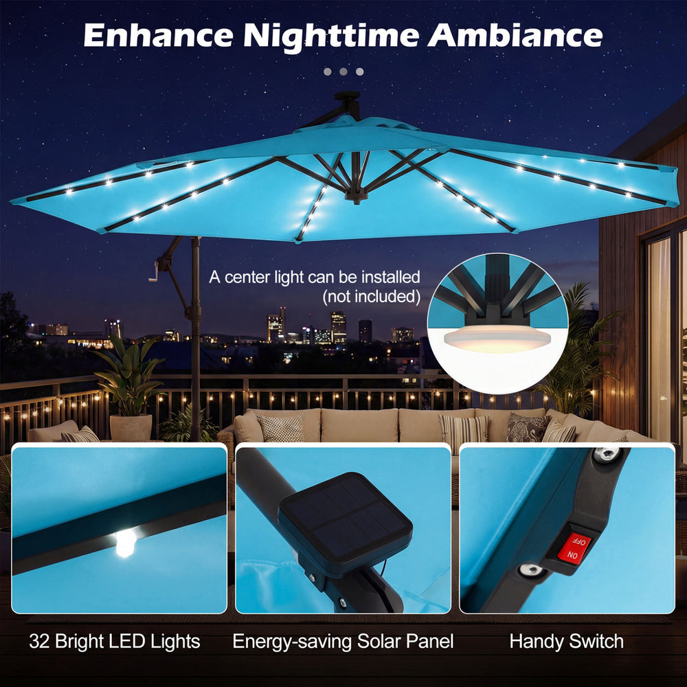 10 FT turquoise solar LED offset patio umbrella with built-in solar panel, providing spacious shade for outdoor.