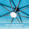 Heavy-duty metal ribs of the 10 ft turquoise patio umbrella provide strong support for outdoor gatherings.
