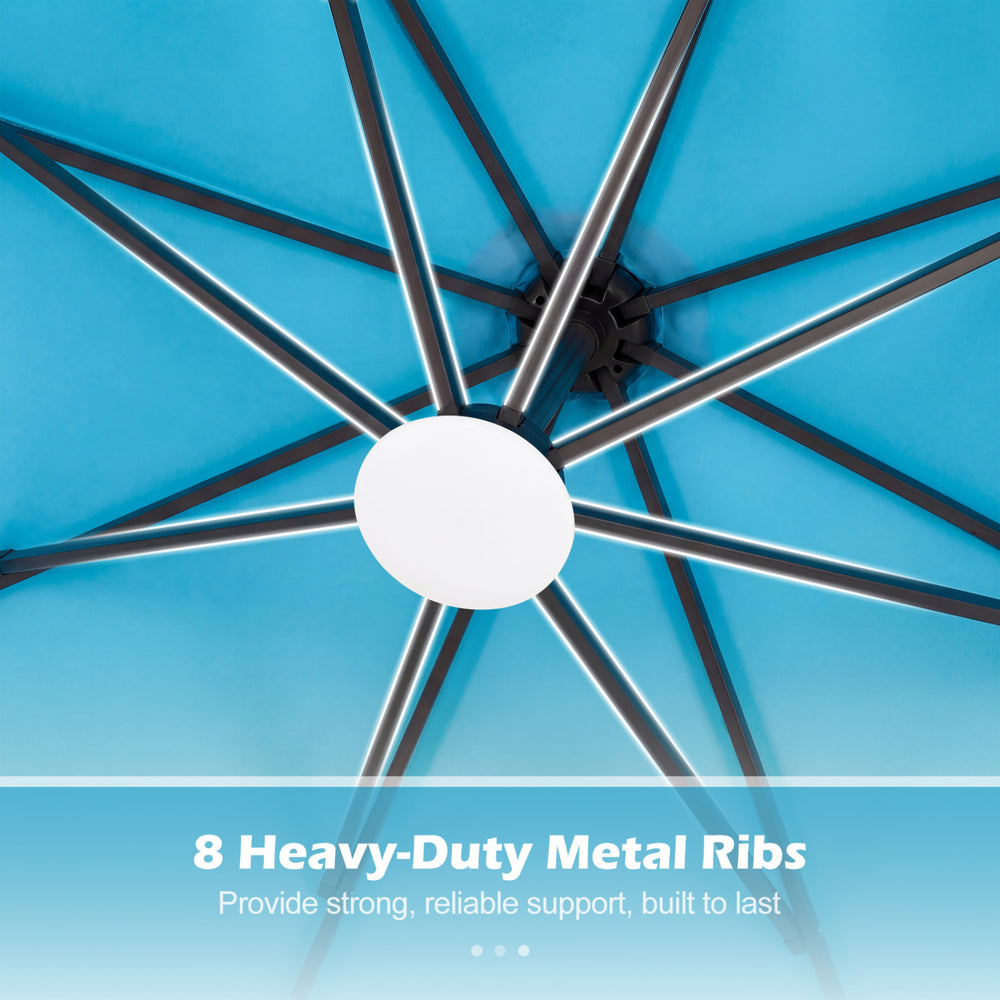 Heavy-duty metal ribs of the 10 ft turquoise patio umbrella provide strong support for outdoor gatherings.