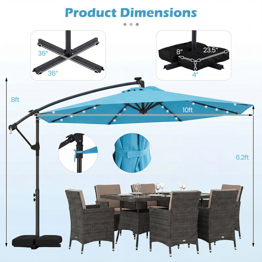 Turquoise 10 ft solar LED offset patio umbrella with 360° rotation and heavy-duty support for outdoor gatherings.