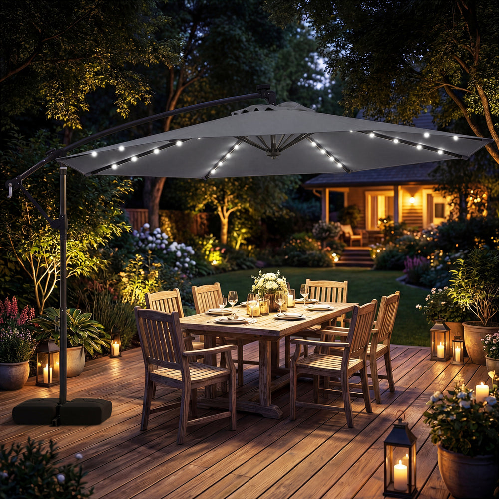 10 FT Solar LED Offset Cantilever Patio Umbrella Hanging Outdoor Market Umbrella-Gray - Gallery View 1 of 10