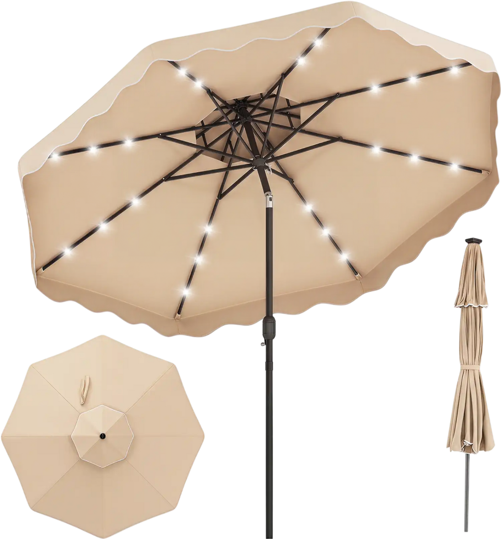 10 FT beige solar LED patio umbrella with push-button tilt and 24 lights, perfect for deck and poolside gatherings.