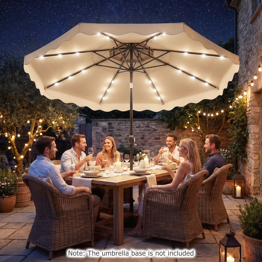 10 FT beige solar LED patio umbrella with lights, providing cozy ambiance for outdoor gatherings and relaxation.