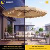 10 FT beige solar LED patio umbrella with 24 lights, ideal for day or night gatherings on deck or poolside.