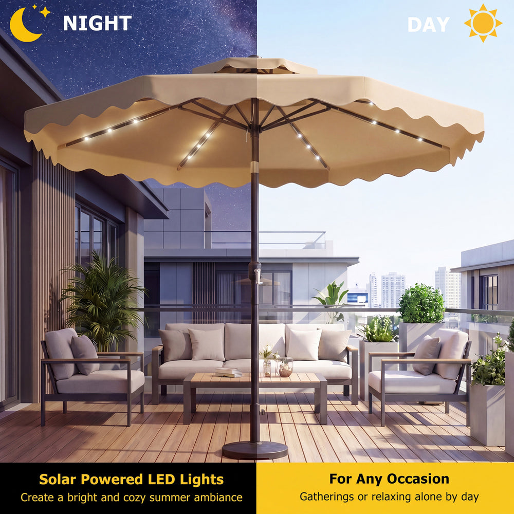 10 FT beige solar LED patio umbrella with 24 lights, ideal for day or night gatherings on deck or poolside.