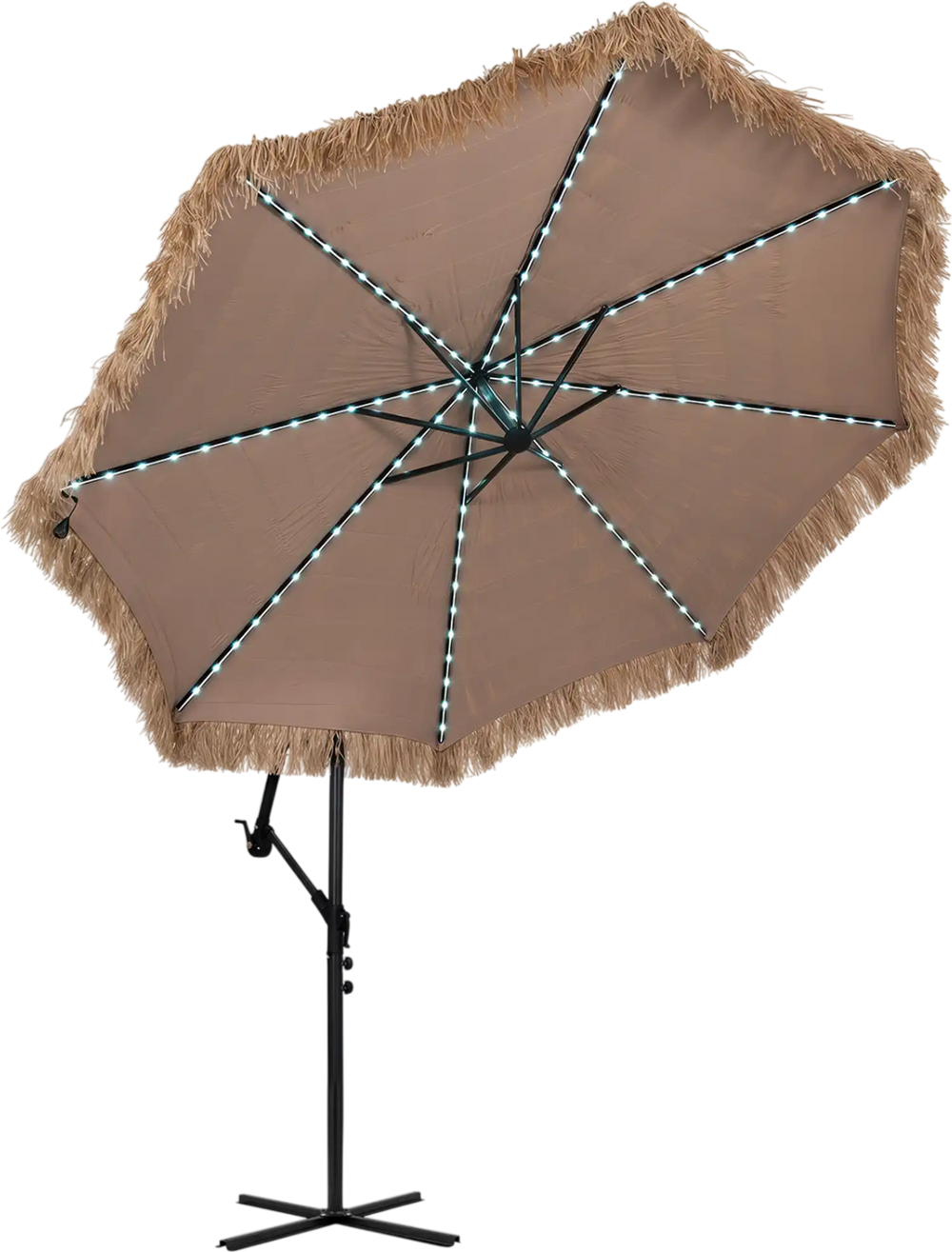 The 10 FT solar thatched cantilever umbrella features 96 multi-color lights and a sturdy design for tropical outdoor shade.