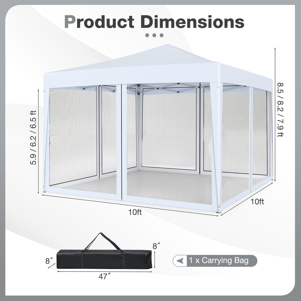10 FT x 10 FT pop-up canopy tent with mesh netting, featuring a white fabric and dimensions for easy outdoor setup.