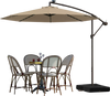 10 feet cantilever umbrella in tan with solar LED lights, set up beside a dining table for outdoor relaxation.