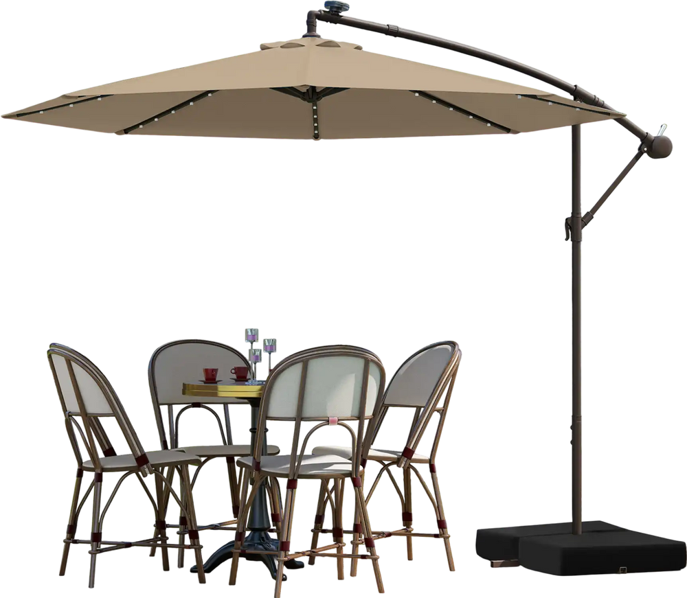 10 feet cantilever umbrella in tan with solar LED lights, set up beside a dining table for outdoor relaxation.