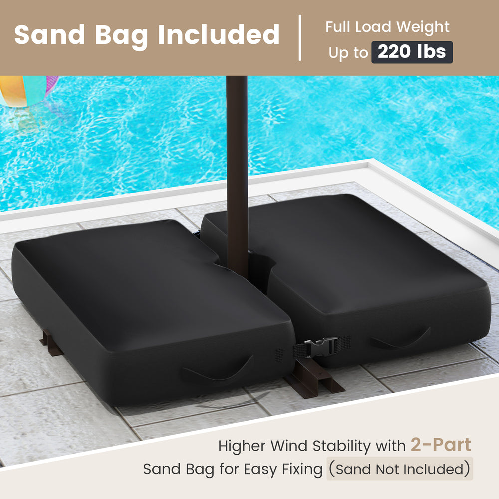 Cantilever umbrella base with sandbag included, supporting a 10ft tan canopy for outdoor stability and style.