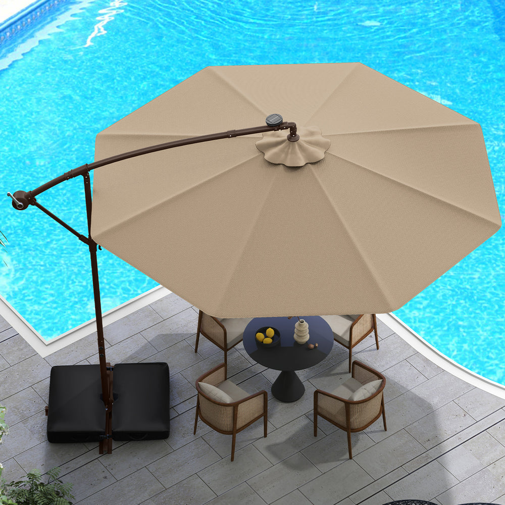 10-foot cantilever umbrella in tan with solar LED lights, featuring a sturdy base and modern design for outdoor use.