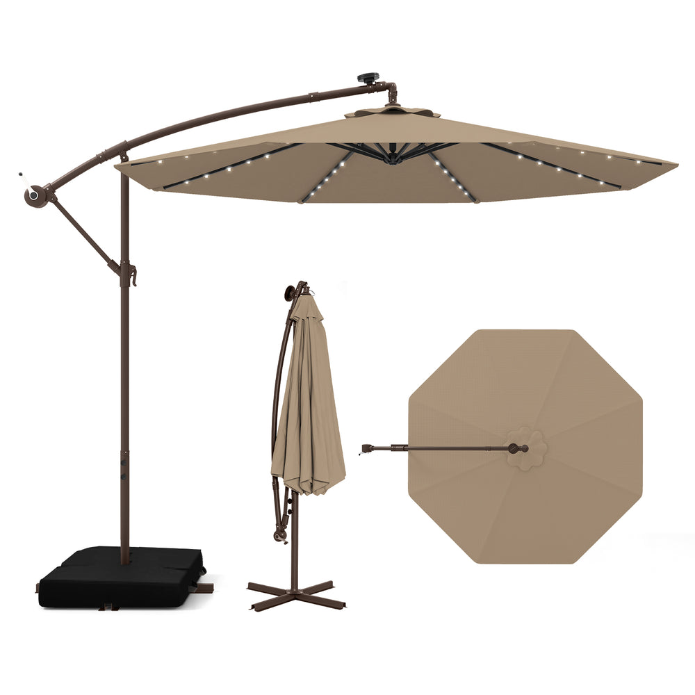 10-foot cantilever umbrella in tan with LED lights, solar panel, and sandbag base for outdoor stability and style.