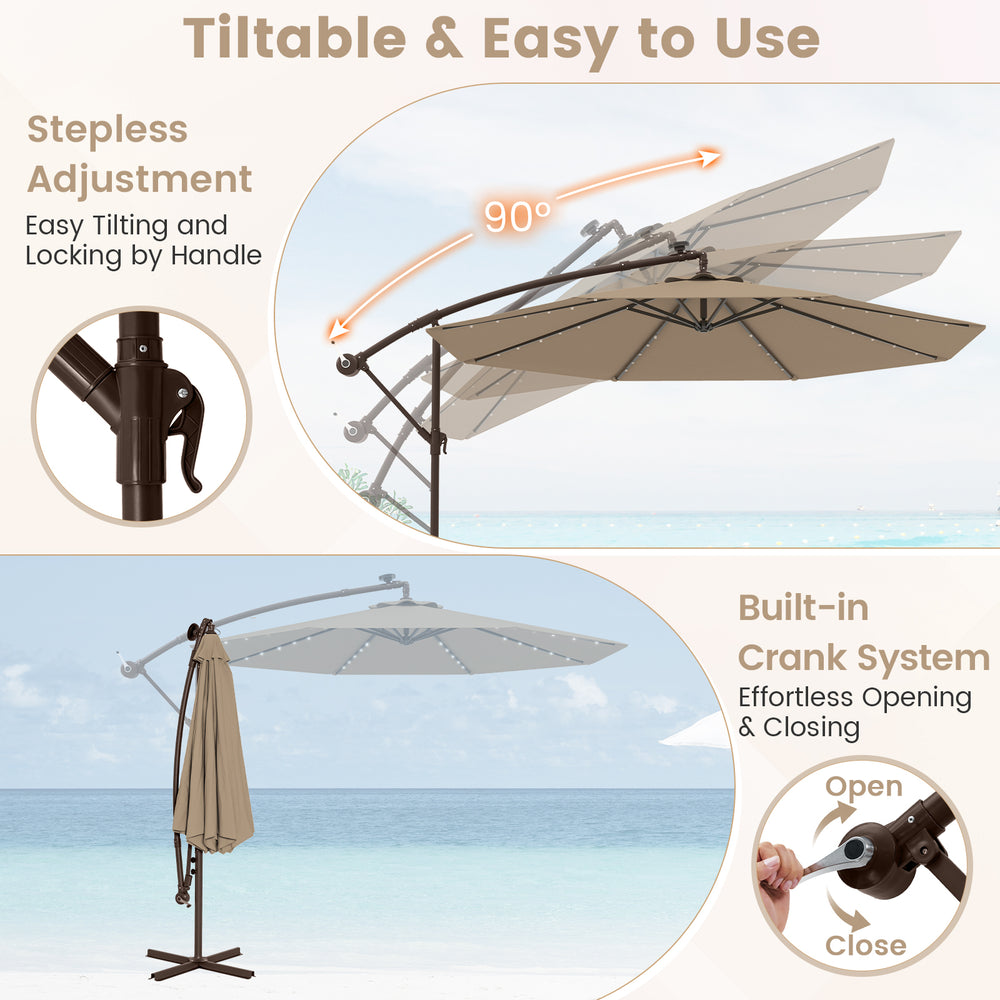 10-foot cantilever umbrella with tan canopy, solar LED lights, and easy crank system for outdoor relaxation.
