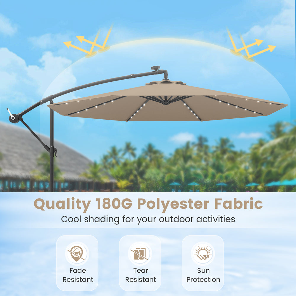 10 feet cantilever umbrella in tan with LED lights, featuring a tear-resistant canopy for outdoor shading and sun.