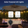 10-foot cantilever umbrella in tan with 32 solar-powered LED lights, perfect for outdoor relaxation and decor.