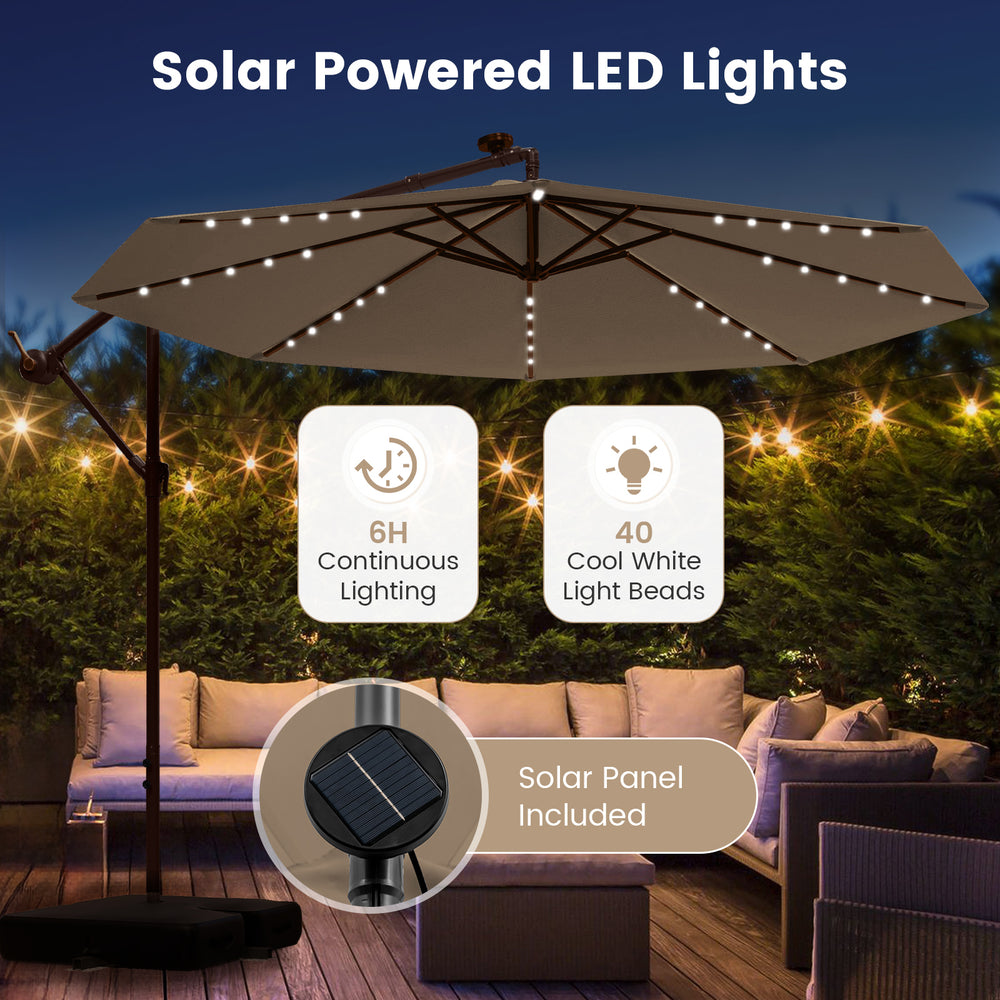 10-foot cantilever umbrella in tan with 32 solar-powered LED lights, perfect for outdoor relaxation and decor.