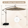 10ft cantilever patio umbrella in tan with solar LED lights, featuring a sturdy base and adjustable crank handle for.