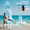Inflatable stand-up paddle board with convenient carrying handle, non-slip EVA deck, and triple fins for stability.