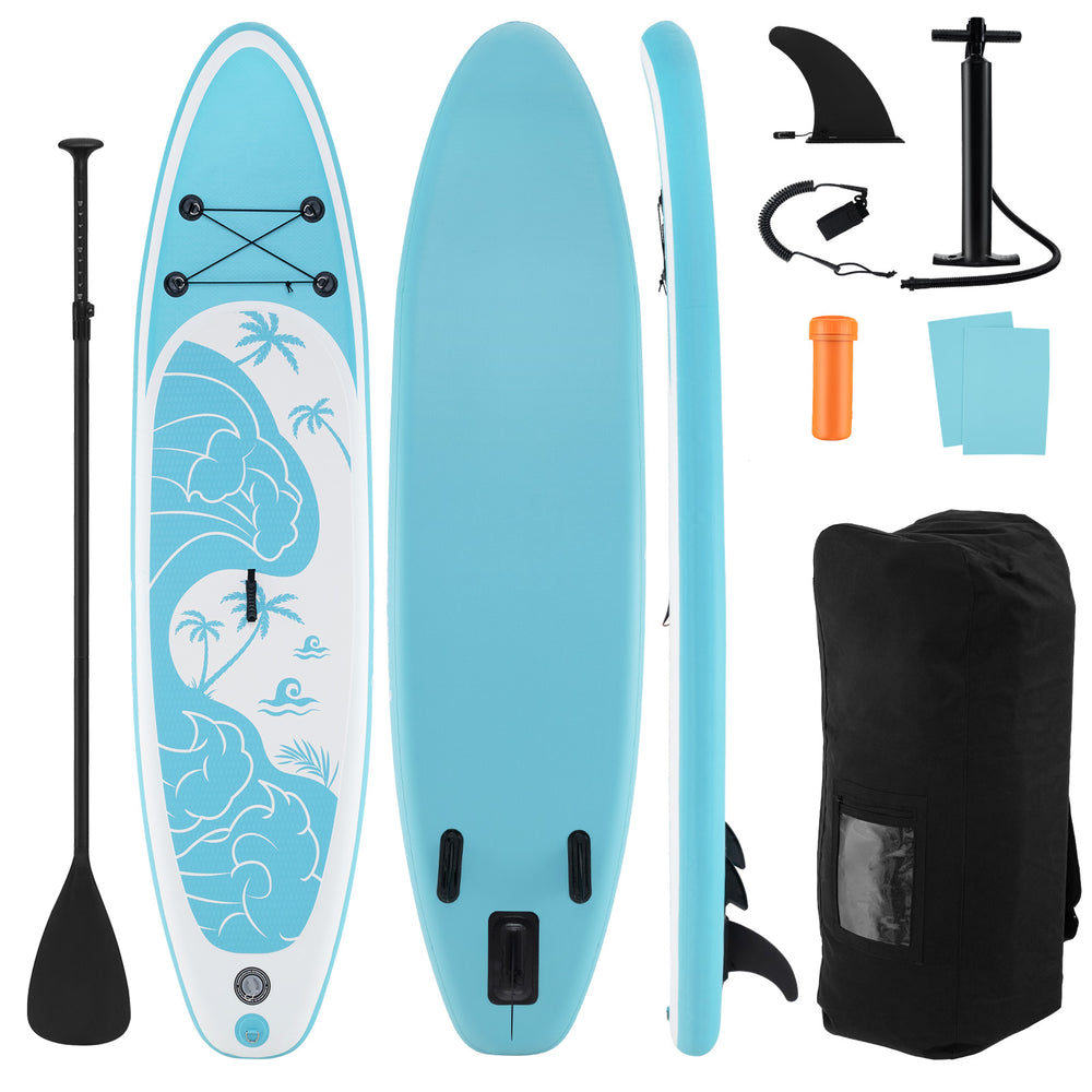 Inflatable stand up paddle board with premium accessories, featuring a non-slip EVA deck and triple fins for stability.