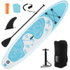 Inflatable stand up paddle board with blue design, triple fins, paddle, pump, and backpack for easy transport and.