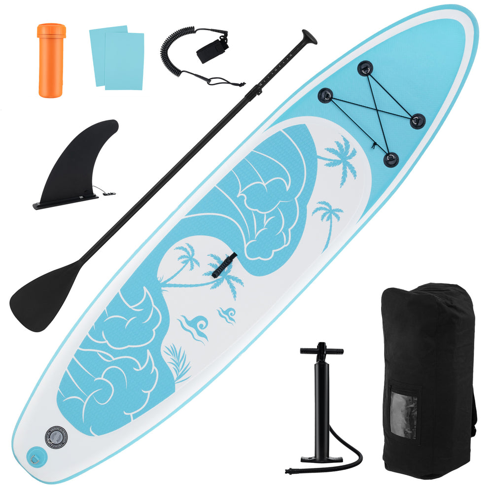 Inflatable stand up paddle board with blue design, triple fins, paddle, pump, and backpack for easy transport and.
