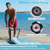 Inflatable stand up paddle board with hand pump, pressure gauge, and reinforced PVC for stability and easy transport.