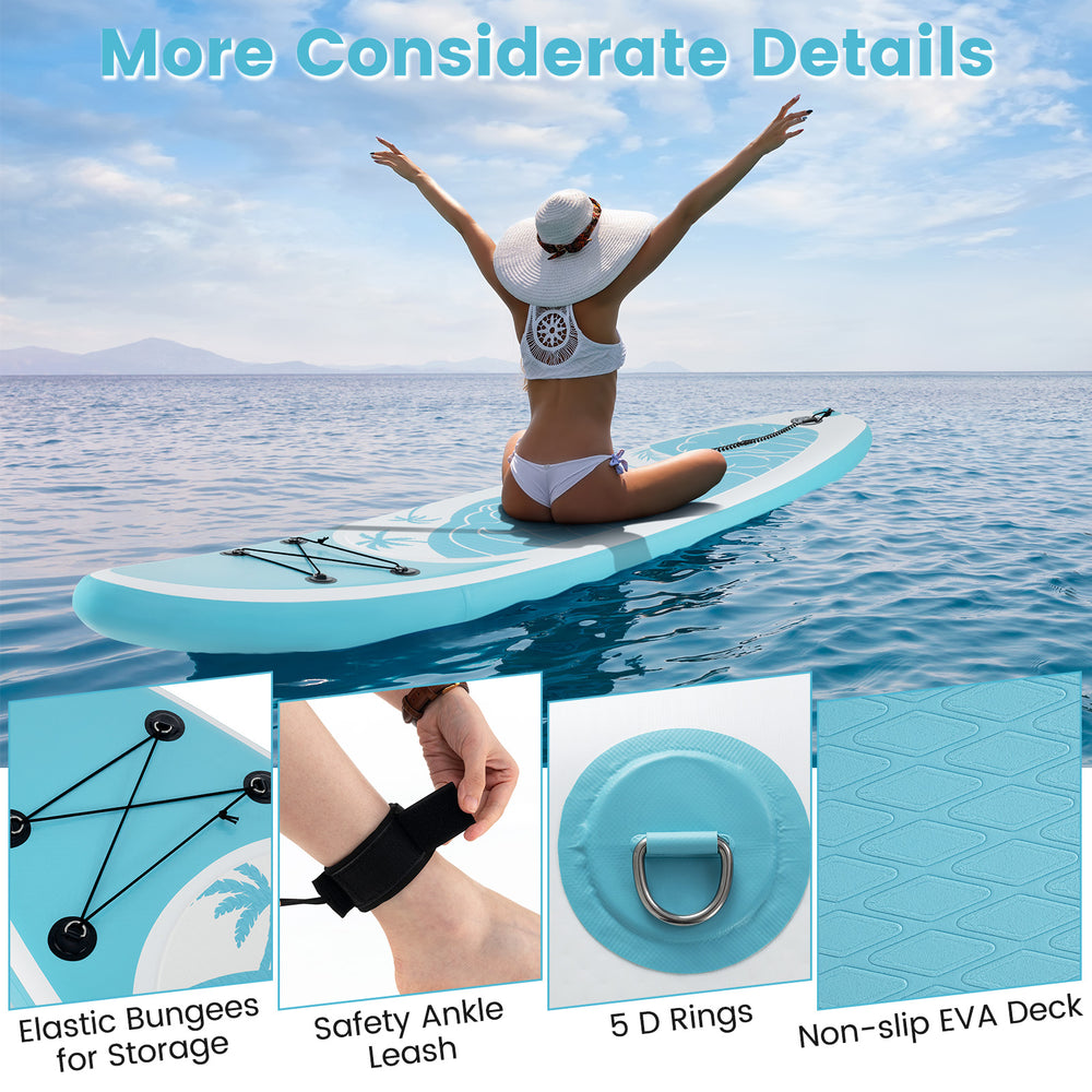 Detail view of the non-slip EVA deck and safety ankle leash on the inflatable stand up paddle board for secure paddling.