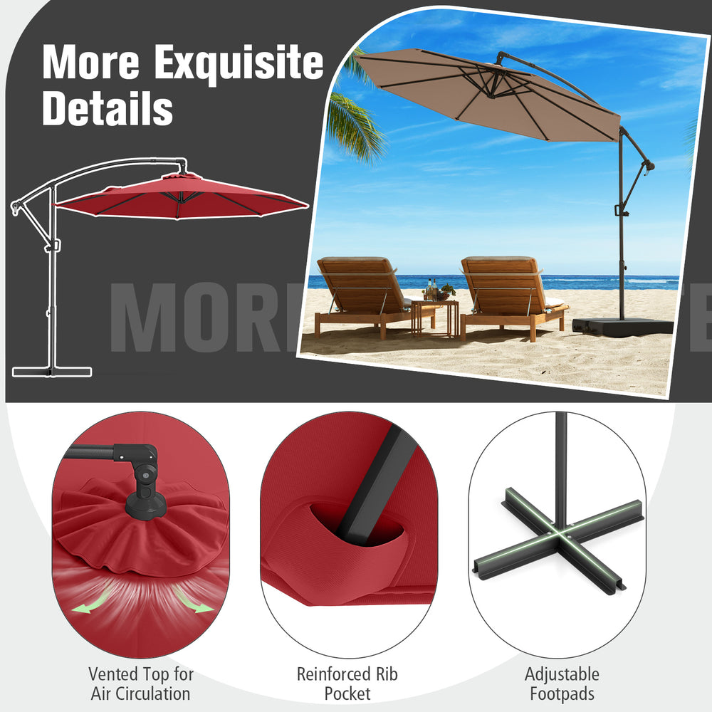 10 feet offset hanging umbrella with a vented top, adjustable footpads, and reinforced rib pockets for outdoor comfort.