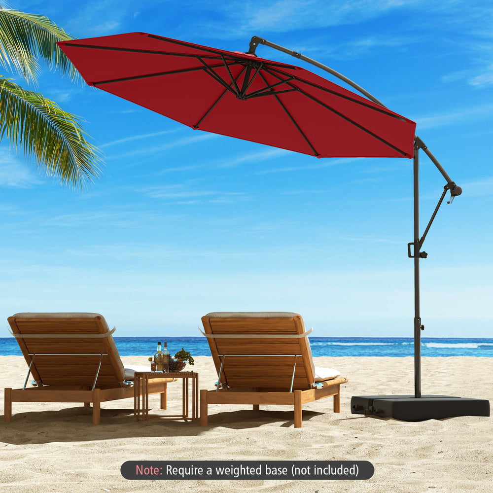 10 feet offset hanging umbrella in wine color with infinite tilt, ideal for creating a shaded outdoor retreat.