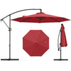 10 feet offset hanging umbrella in wine color with base, featuring infinite tilt and 360° rotation for outdoor shading.