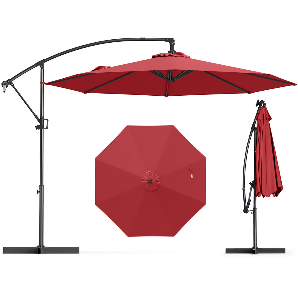 10 feet offset hanging umbrella in wine color with base, featuring infinite tilt and 360° rotation for outdoor shading.