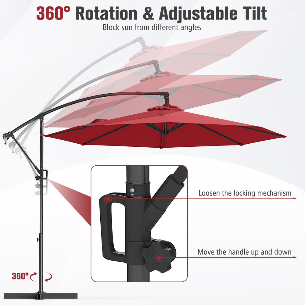 Offset hanging umbrella showcasing 360° rotation and infinite tilt for optimal sun blocking in outdoor spaces.