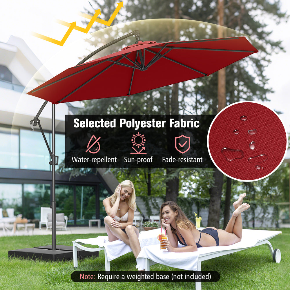 10 feet offset hanging umbrella in wine color, made of water-repellent polyester, perfect for outdoor shading.