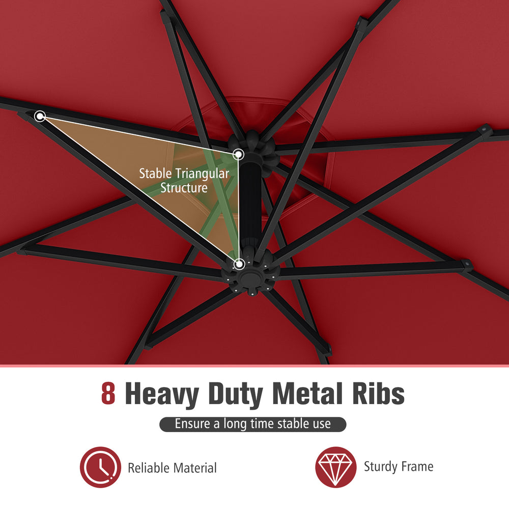 Close-up of the 10 feet offset hanging umbrella's sturdy frame with 8 heavy-duty metal ribs for stability and.