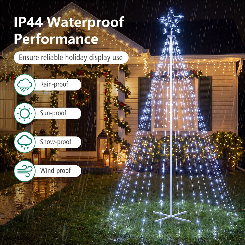 10 Feet Outdoor Christmas Tree Star String Lights with 560 cold white LED lights shine in a snow-proof display.