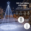 10 Feet Outdoor Christmas Tree Star String Lights with 560 cold white LED lights and remote control in a snowy yard.