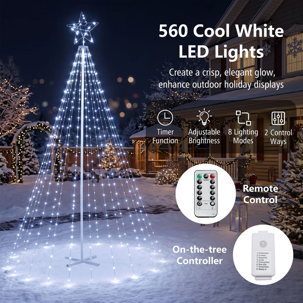 10 Feet Outdoor Christmas Tree Star String Lights with 560 cold white LED lights and remote control in a snowy yard.