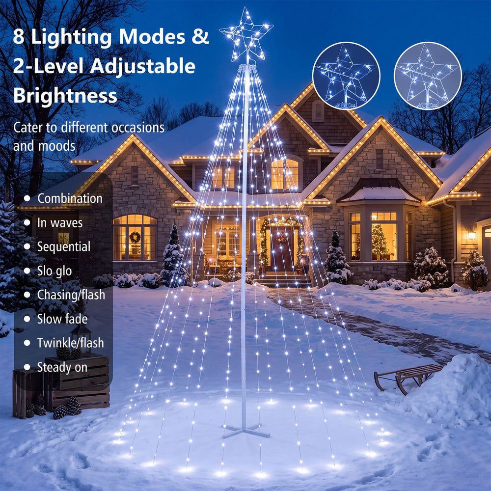 Outdoor Christmas tree star string lights display 20 strings of cold white LEDs with 8 lighting modes in snow.