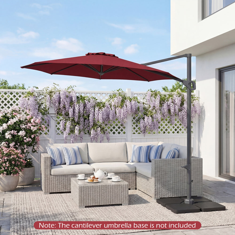 10 feet patio cantilever umbrella in wine with easy tilt adjustment, providing optimal shade for outdoor seating.