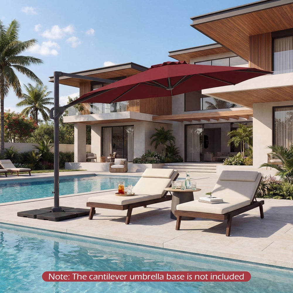 10-foot patio cantilever umbrella in wine color with easy tilt adjustment, providing optimal shade by the poolside.