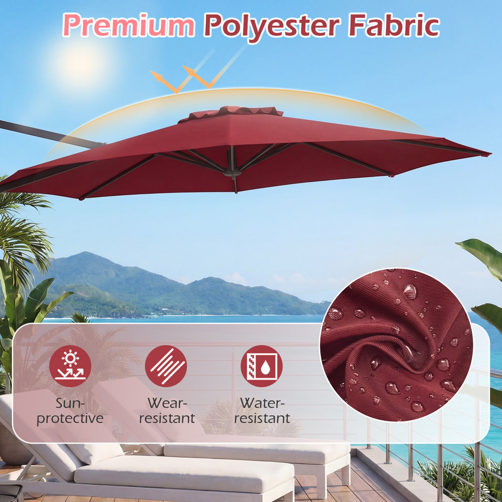 10 feet patio cantilever umbrella in wine color with premium polyester fabric, offering sun protection and easy tilt.
